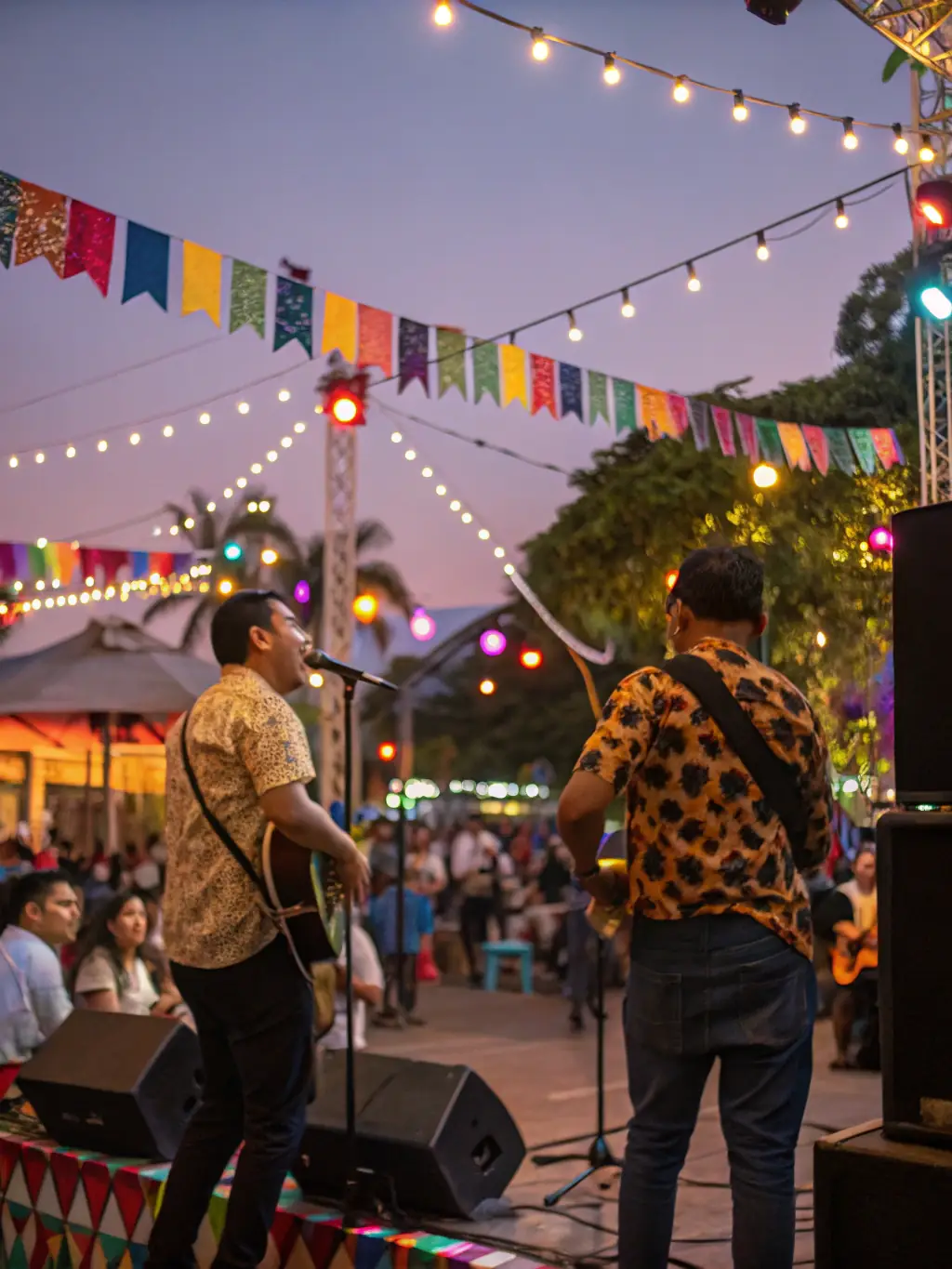 A lively scene from a music festival in Durban, showing a diverse crowd enjoying live performances, food stalls, and vibrant decorations.