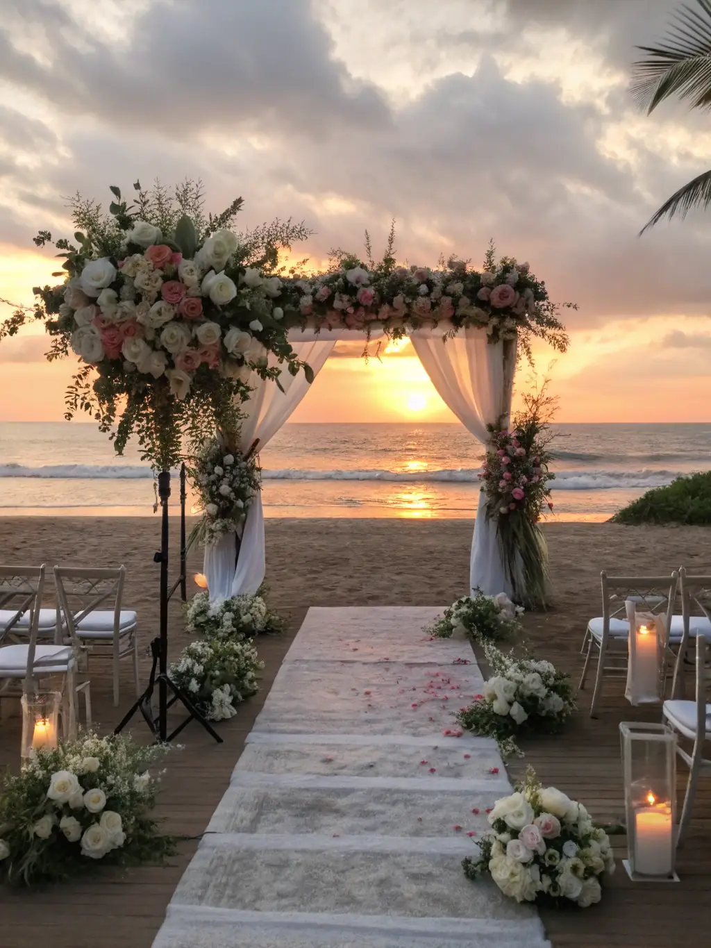 A high-angle, wide shot of a beautifully decorated outdoor wedding venue in Cape Town, South Africa, with Table Mountain in the background, showcasing elegant floral arrangements and happy guests.