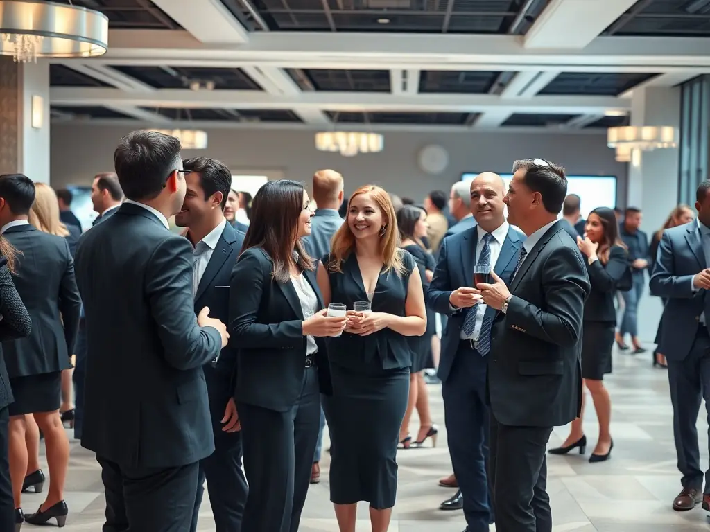 A vibrant image depicting a bustling corporate gala in Durban, South Africa, with attendees networking and enjoying the event.